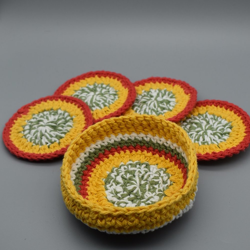 Handcrafted Crochet Coasters Set of four with Matching Basket - Picture 6 of 11
